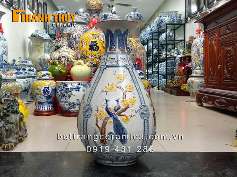 Bình tỳ bà tứ cảnh đắp nổi 70cm trang trí sang trọng hút tài lộc