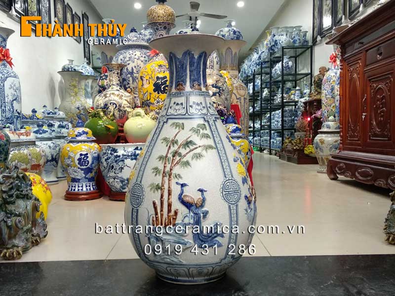 Bình tỳ bà tứ cảnh đắp nổi 70cm trang trí sang trọng hút tài lộc