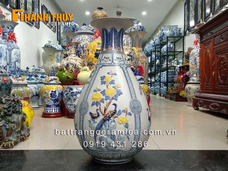 Bình tỳ bà tứ cảnh đắp nổi 70cm trang trí sang trọng hút tài lộc