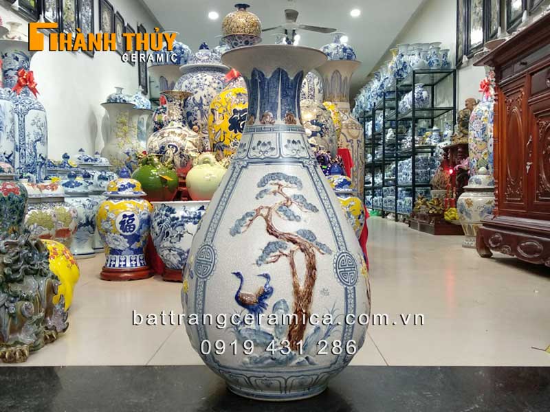 Bình tỳ bà tứ cảnh đắp nổi 70cm trang trí sang trọng hút tài lộc