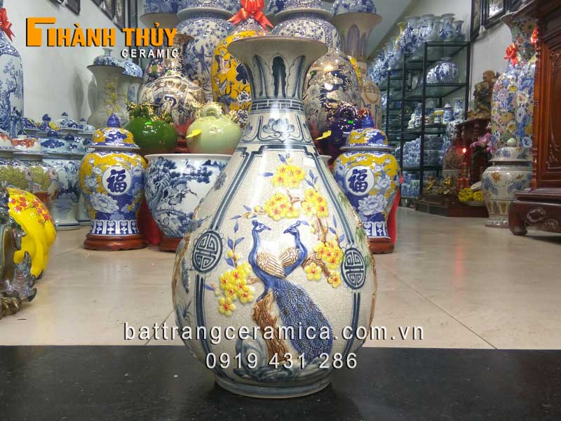 Bình tỳ bà men rạn đắp nổi 45cm đẹp phong thủy may mắn