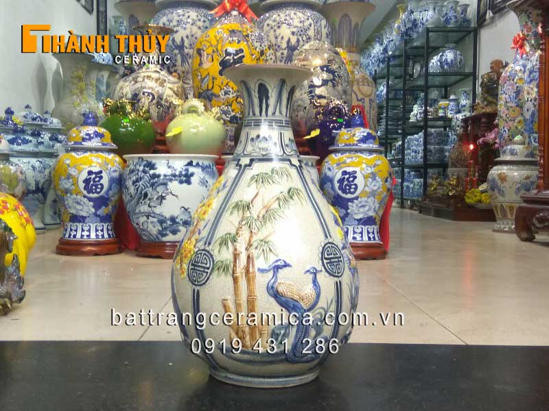 Bình tỳ bà men rạn đắp nổi 45cm đẹp phong thủy may mắn