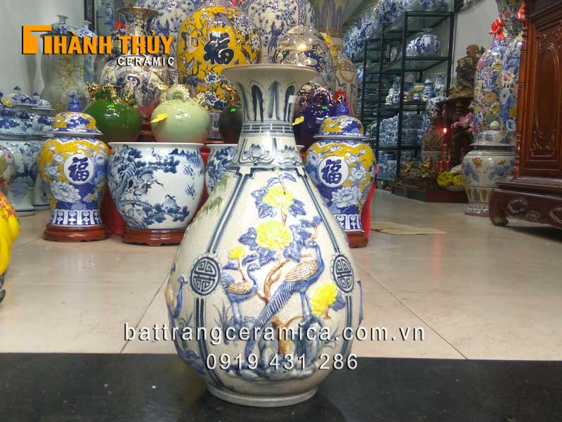 Bình tỳ bà men rạn đắp nổi 45cm đẹp phong thủy may mắn