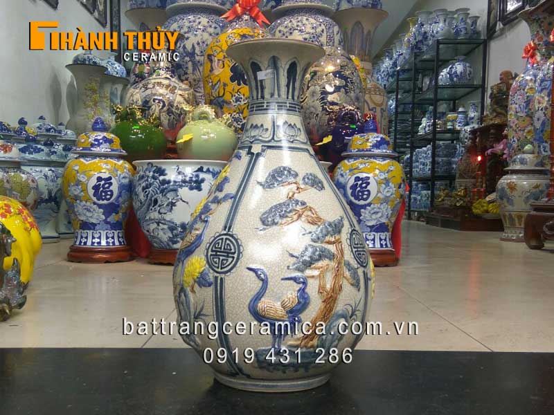 Bình tỳ bà men rạn đắp nổi 45cm đẹp phong thủy may mắn