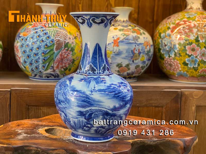 Bình hoa củ tỏi gốm sứ Bát Tràng vẽ sơn thủy 40cm trang trí đẹp phong thủy 