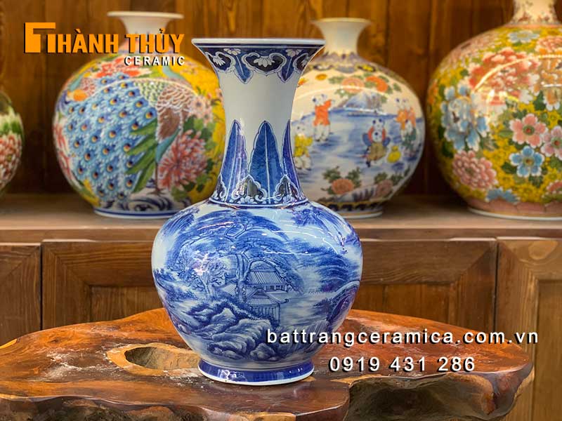 Bình hoa củ tỏi gốm sứ Bát Tràng vẽ sơn thủy 40cm trang trí đẹp phong thủy