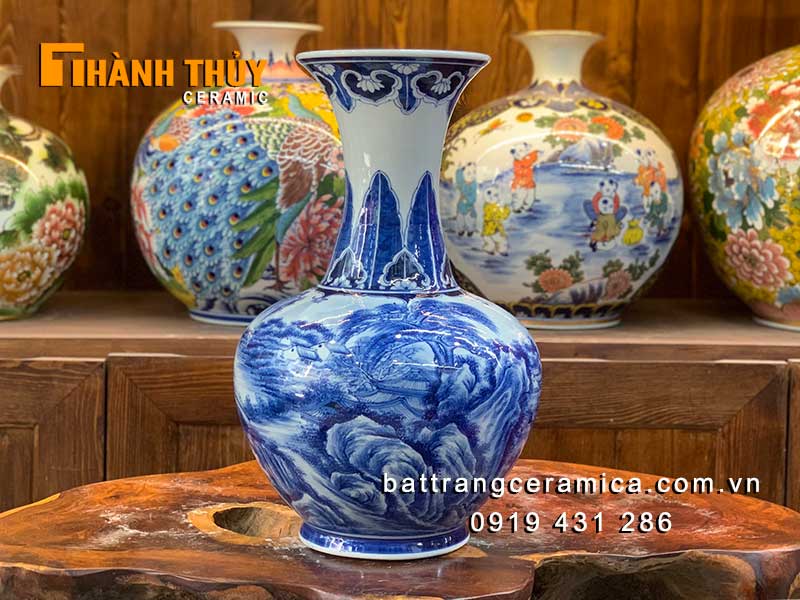 Bình hoa củ tỏi gốm sứ Bát Tràng vẽ sơn thủy 40cm trang trí đẹp phong thủy