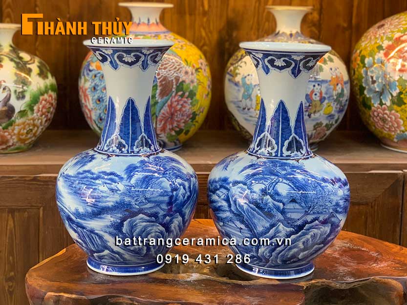 Bình hoa củ tỏi gốm sứ Bát Tràng vẽ sơn thủy 40cm trang trí đẹp phong thủy