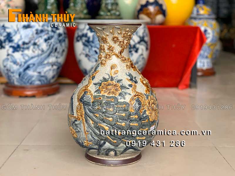 Bình tỳ bà đắp nổi Công Đào 38cm phong thủy sang trọng, may mắn 