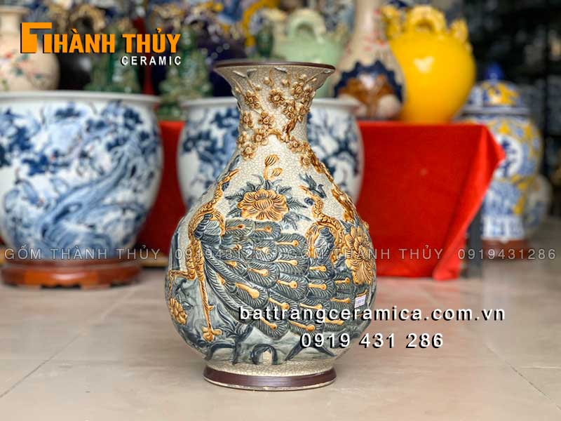 Bình tỳ bà đắp nổi Công Đào 38cm phong thủy sang trọng, may mắn