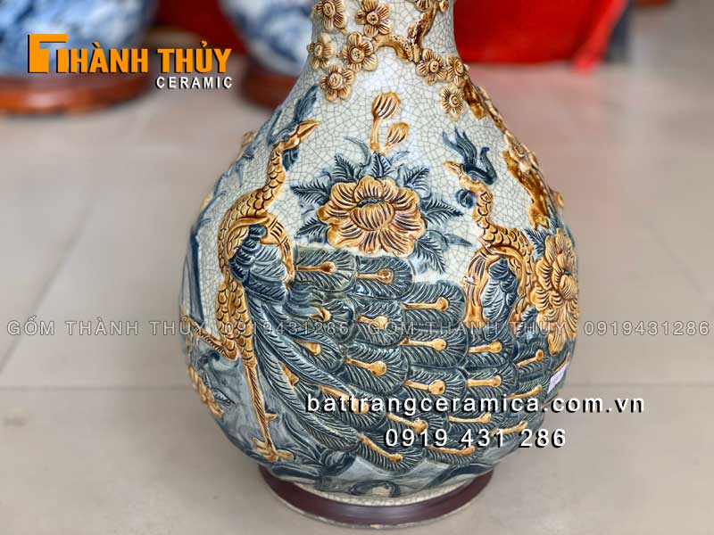 Bình tỳ bà đắp nổi Công Đào 38cm phong thủy sang trọng, may mắn