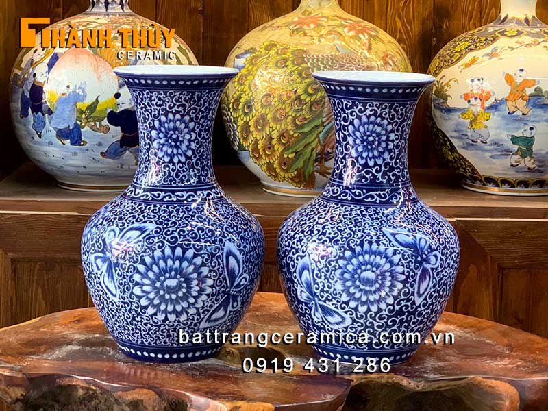 Bình củ tỏi men Lam 30cm hoa dây Bát Tràng sang trọng cao cấp