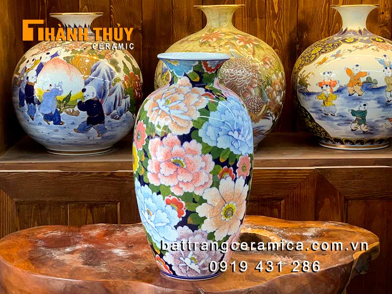 Lọ vẽ hoa mẫu đơn Bát Tràng 37cm sứ trắng sang trọng phú quý