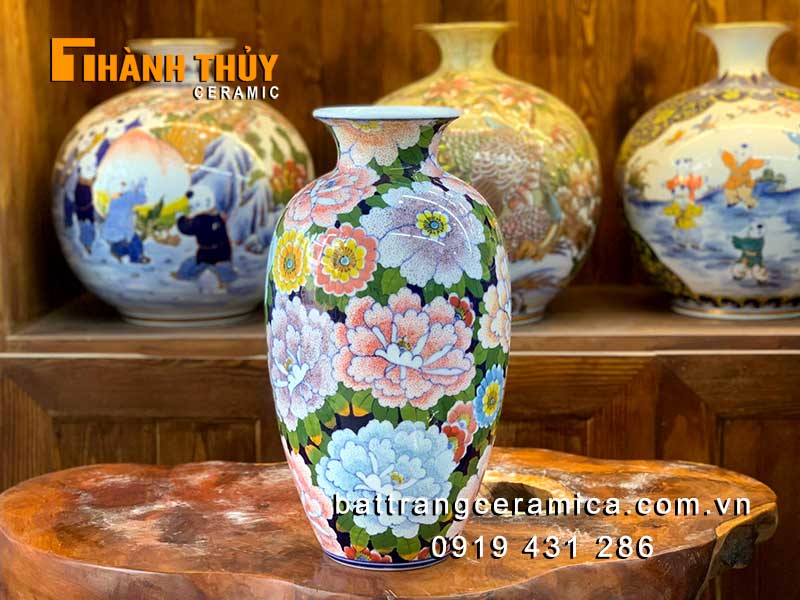 Lọ vẽ hoa mẫu đơn Bát Tràng 37cm sứ trắng sang trọng phú quý