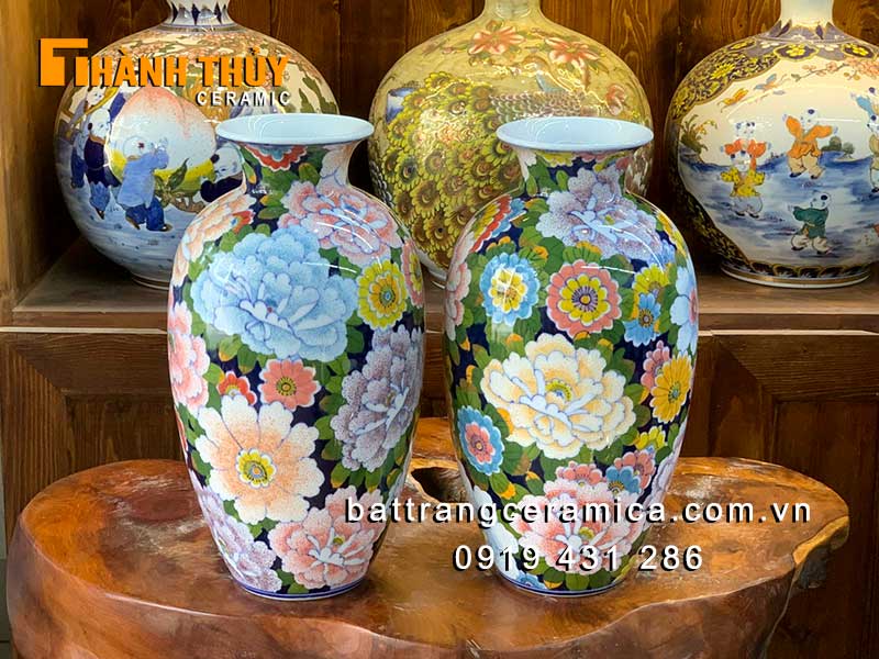 Lọ vẽ hoa mẫu đơn Bát Tràng 37cm sứ trắng sang trọng phú quý