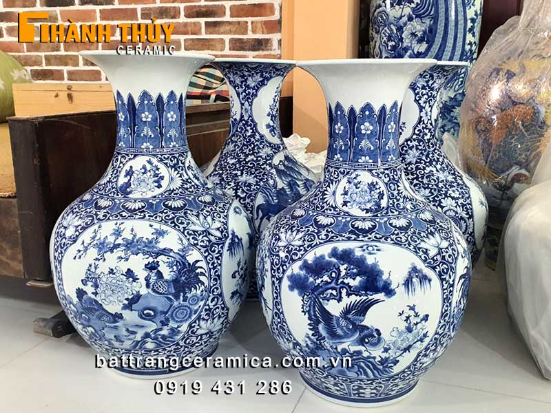 Bình củ tỏi men lam Bát Tràng 60cm phong thủy tứ cảnh đẹp
