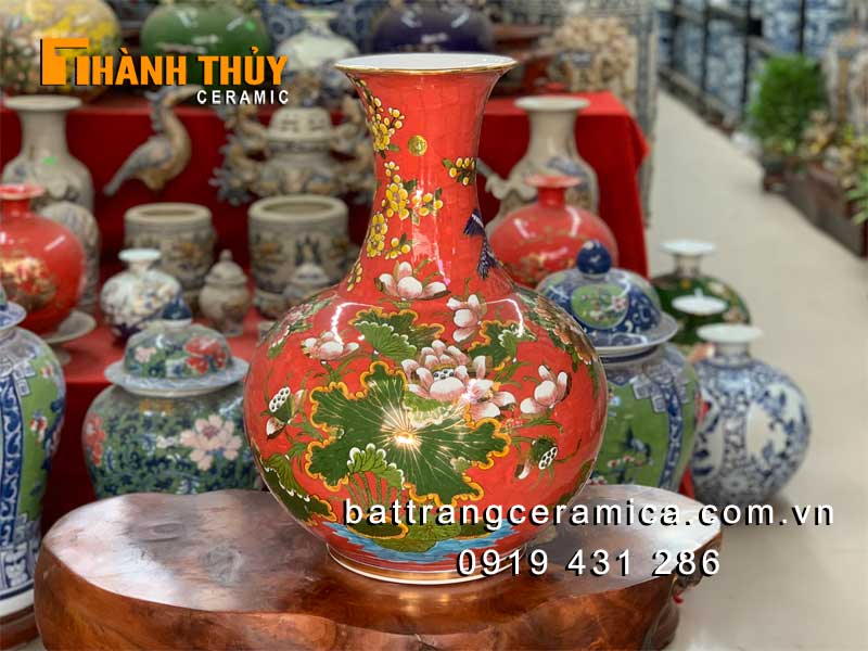 Lọ củ tỏi vẽ vàng Công Đào đỏ 50cm sang trọng may mắn