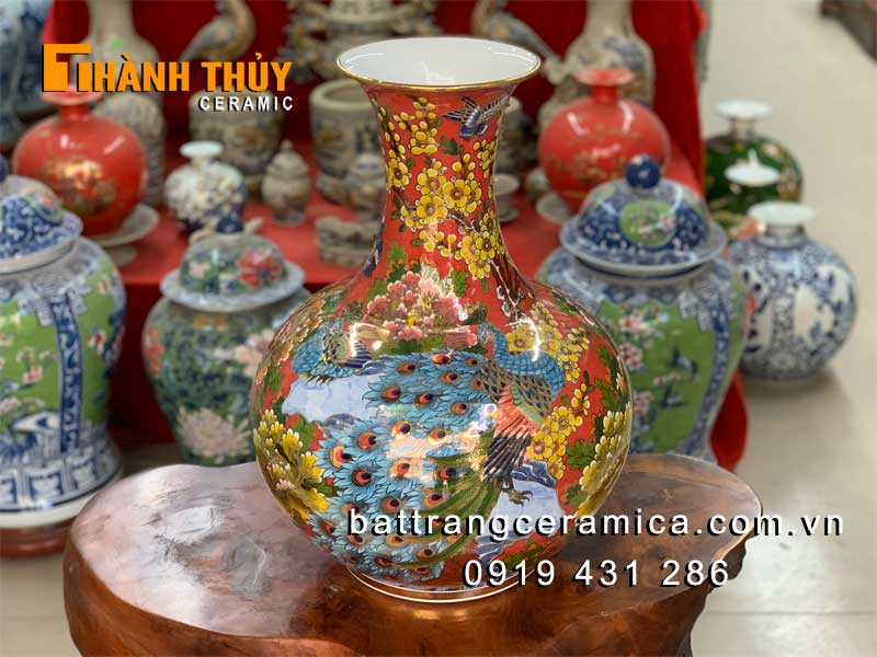 Lọ củ tỏi vẽ vàng Công Đào đỏ 50cm sang trọng may mắn 