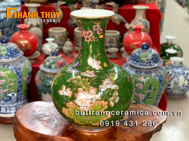 Lọ củ tỏi Công Đào xanh lục 50cm vẽ vàng 24k đẹp sang trọng may mắn