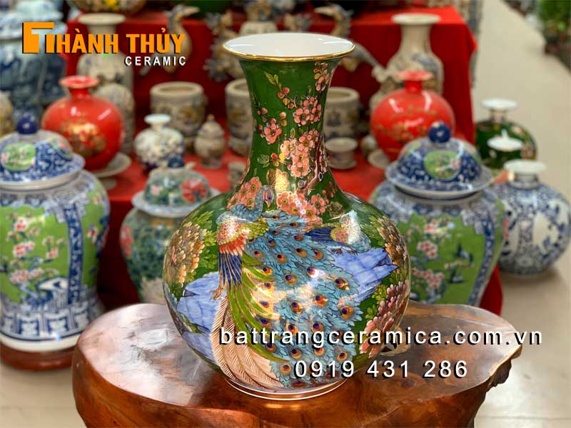 Lọ củ tỏi Công Đào xanh lục 50cm vẽ vàng 24k đẹp sang trọng may mắn 