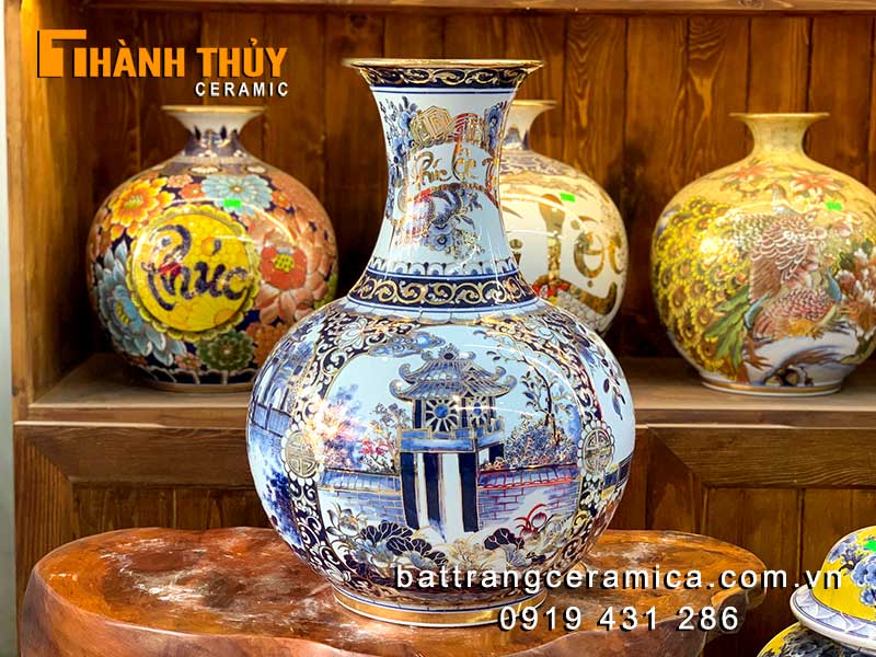 Bình phú quý Tứ cảnh Hà Nội vàng 24k gốm sứ Bát Tràng, sang trọng