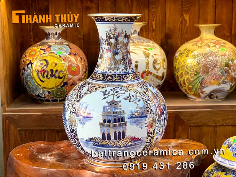 Bình phú quý Tứ cảnh Hà Nội vàng 24k gốm sứ Bát Tràng, sang trọng