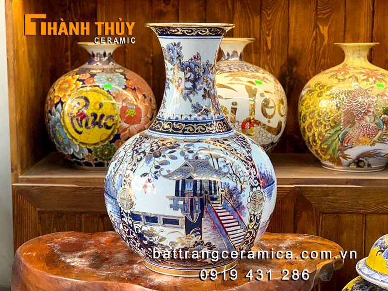Bình phú quý Tứ cảnh Hà Nội vàng 24k gốm sứ Bát Tràng, sang trọng