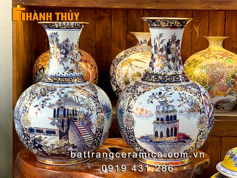 Bình phú quý Tứ cảnh Hà Nội vàng 24k gốm sứ Bát Tràng, sang trọng