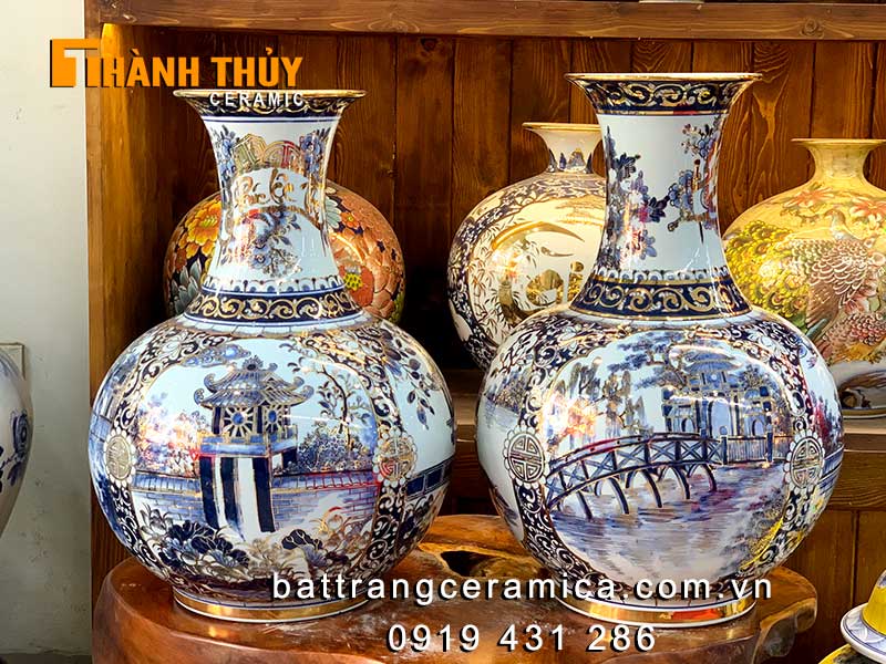Bình phú quý Tứ cảnh Hà Nội vàng 24k gốm sứ Bát Tràng, sang trọng