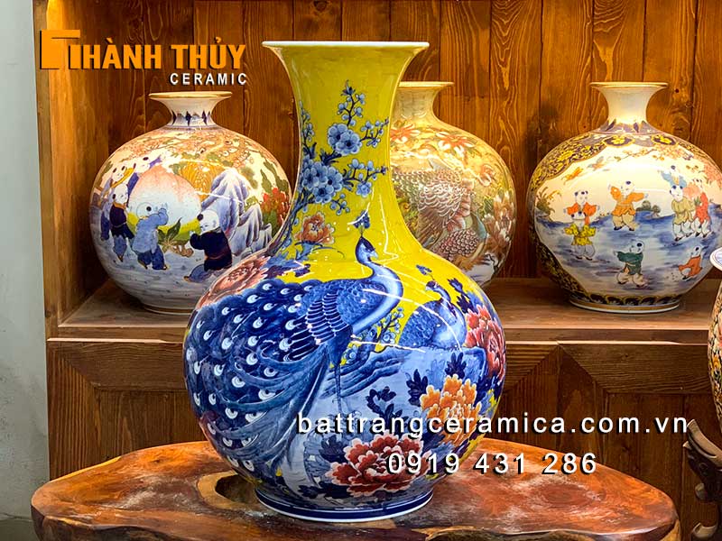Lục bình củ tỏi chim công phú quý 52cm gốm sứ Bát Tràng sang trọng may mắn 