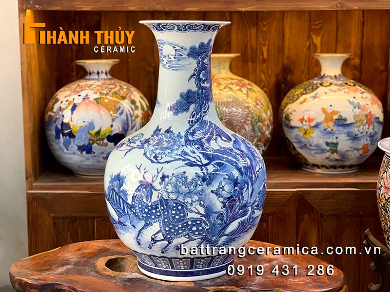 Bình gốm củ tỏi Tùng Lộc Hạc Bát Tràng 55cm Phong thủy may mắn 