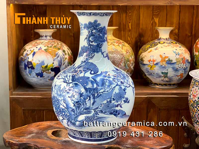 Bình gốm củ tỏi Tùng Lộc Hạc Bát Tràng 55cm Phong thủy may mắn
