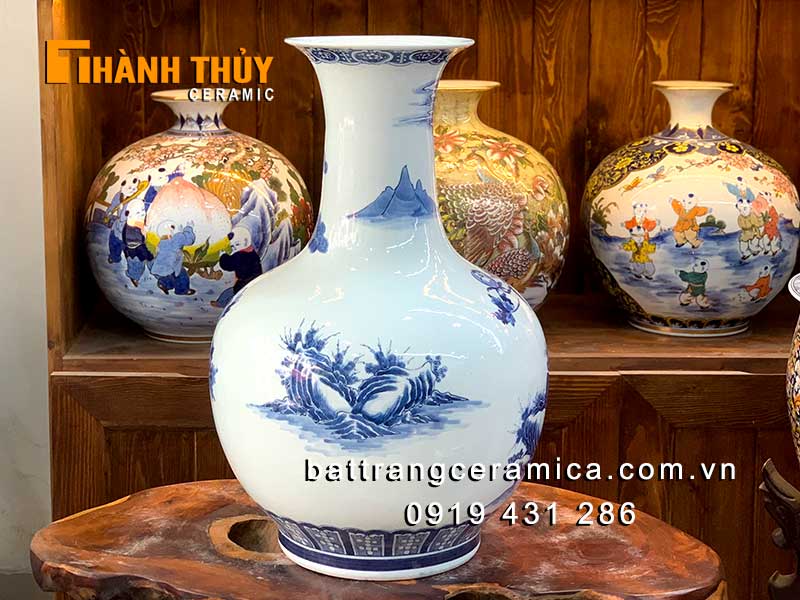 Bình gốm củ tỏi Tùng Lộc Hạc Bát Tràng 55cm Phong thủy may mắn