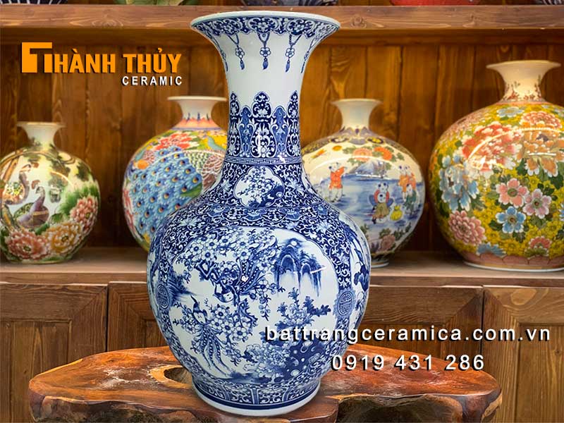 Lục bình củ tỏi tứ quý men lam cao cấp 80cm gốm Bát Tràng sang trọng tài lộc
