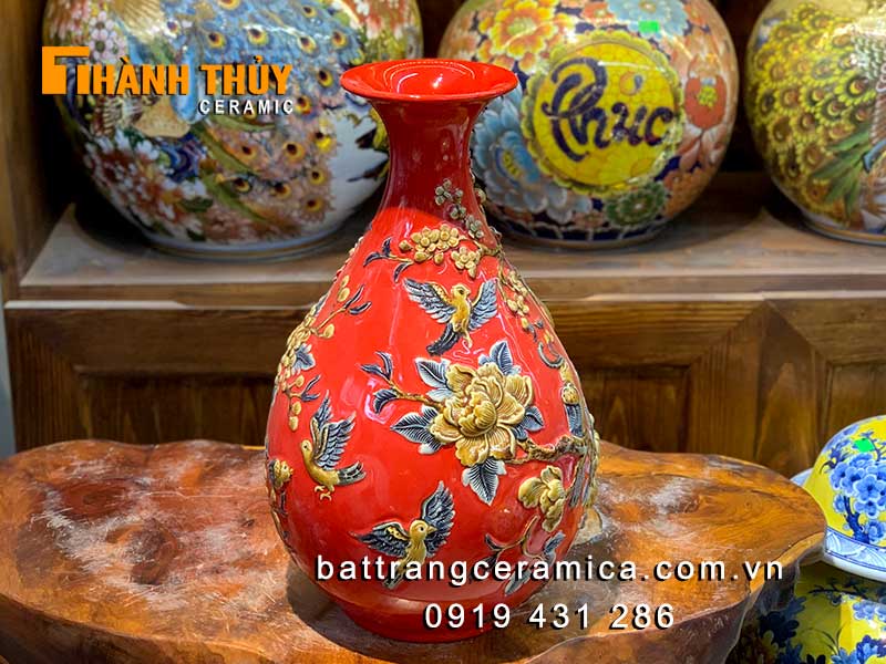 Lục bình tỳ bà đỏ 40cm gốm sứ Bát Tràng tài lộc phú quý