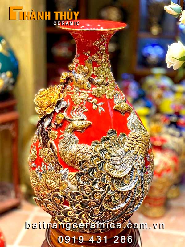Tỳ bà công đào đỏ vẽ vàng 55cm gốm sứ Bát Tràng sang trọng tài lộc