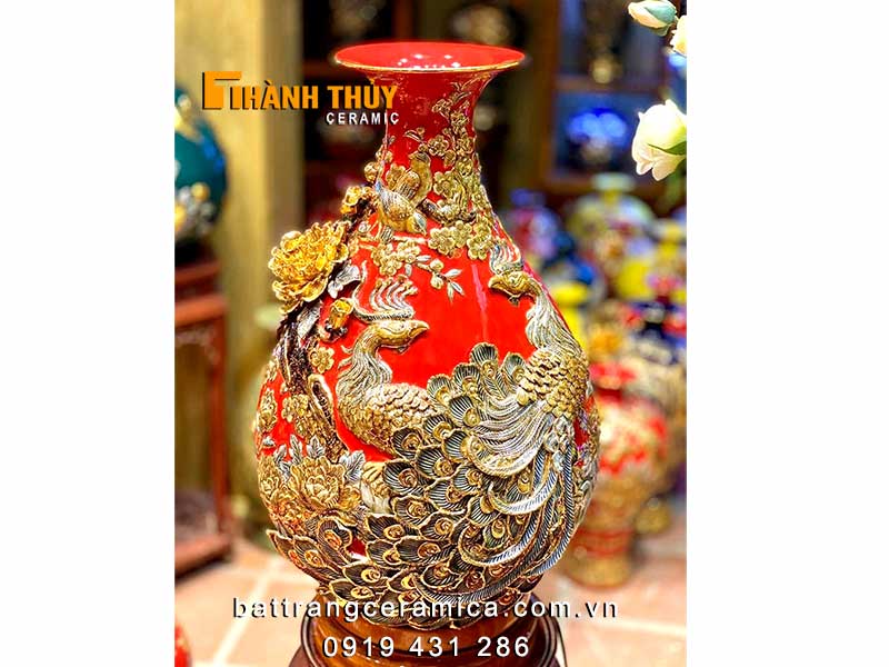 Tỳ bà công đào đỏ vẽ vàng 55cm gốm sứ Bát Tràng sang trọng tài lộc 