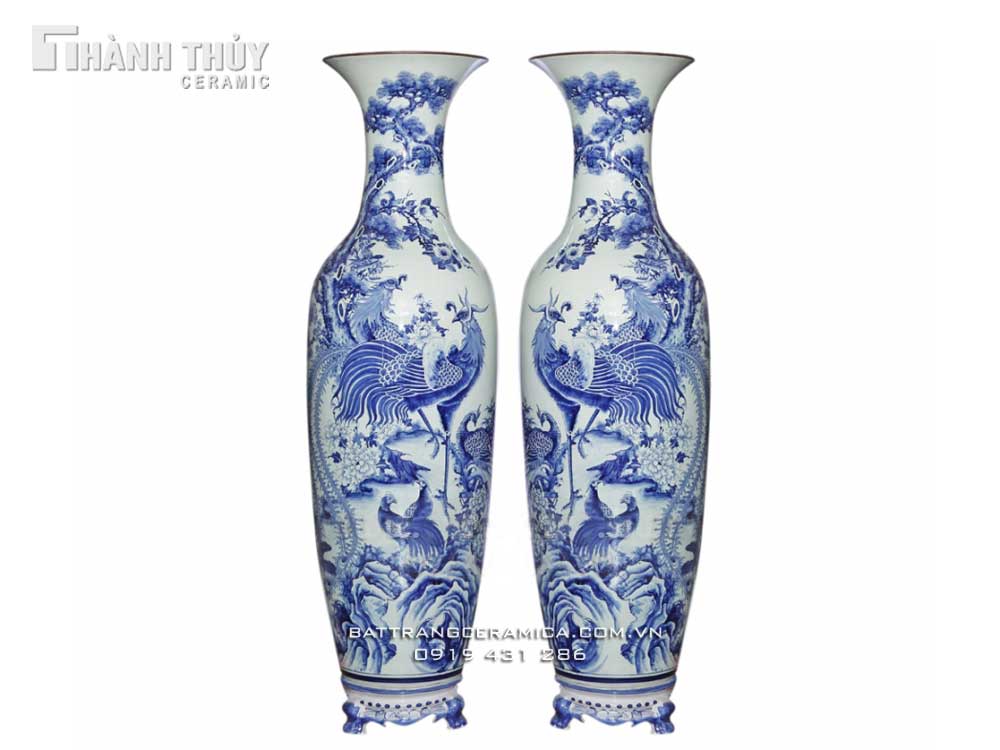 Lọ lộc bình Tùng Phượng Hoàng men chàm Bát Tràng cổ điển sang trọng