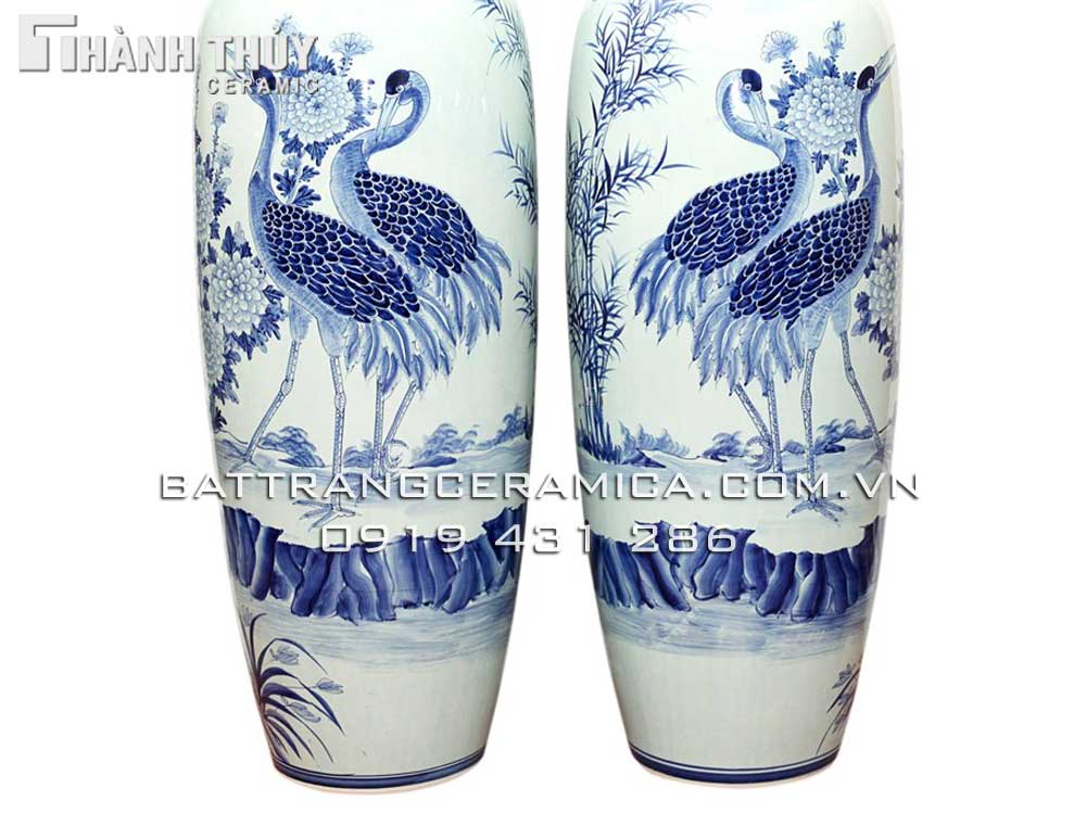 Lọ lộc bình Ngũ phúc Tùng hạc men lam cao 1.4m Gốm sứ Bát Tràng sang trọng may mắn
