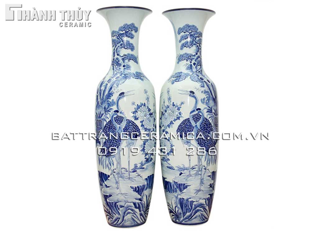 Lọ lộc bình Ngũ phúc Tùng hạc men lam cao 1.4m Gốm sứ Bát Tràng sang trọng may mắn