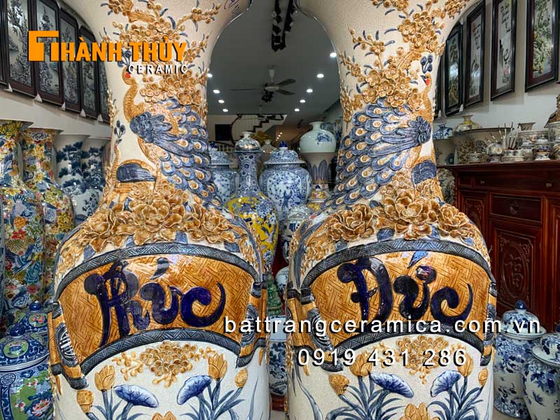 Lộc bình Phúc Đức men rạn đắp nổi 1m6 trang trí phong thủy
