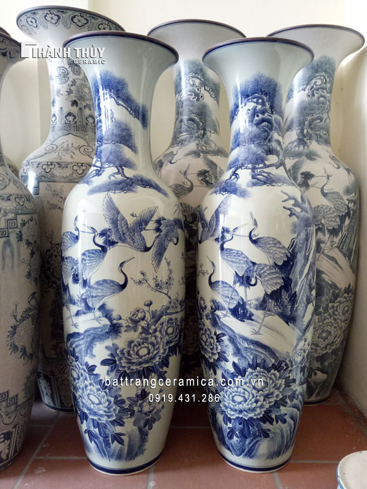 Lọ lộc bình bách hạc quần tùng men Lam 1m4 cao cấp đẹp tinh xảo