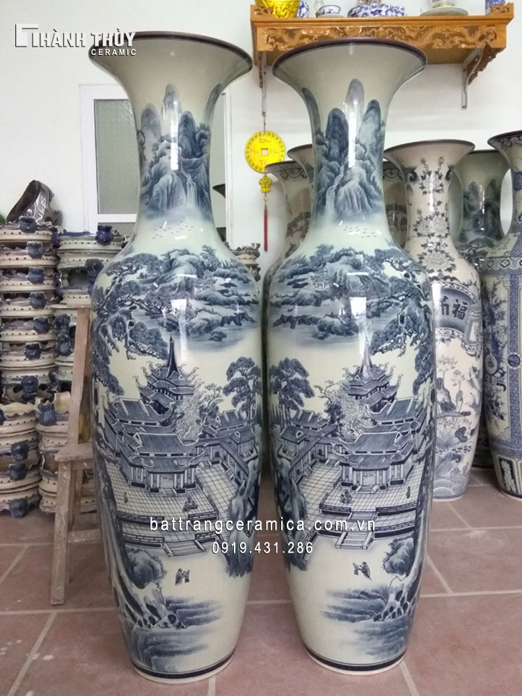 Lộc bình Bát Tràng sơn thủy 1,6m cao cấp, tranh thủy mặc đẹp