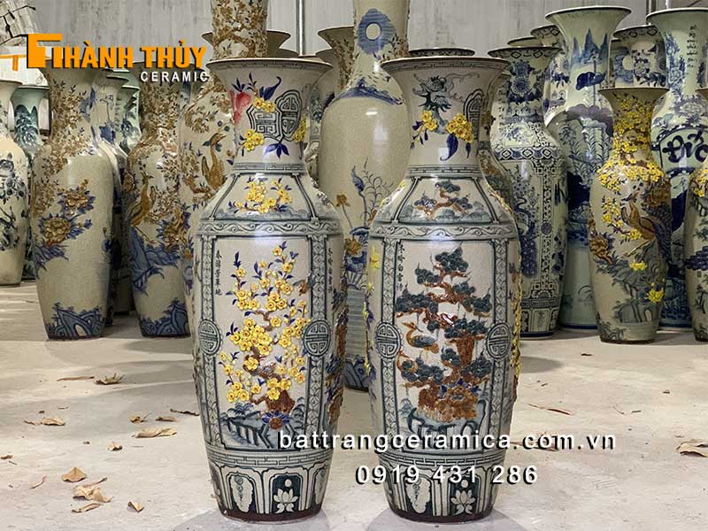 Lọ lộc bình tứ cảnh đắp nổi 1m cao cấp đẹp Bát Tràng sang trọng