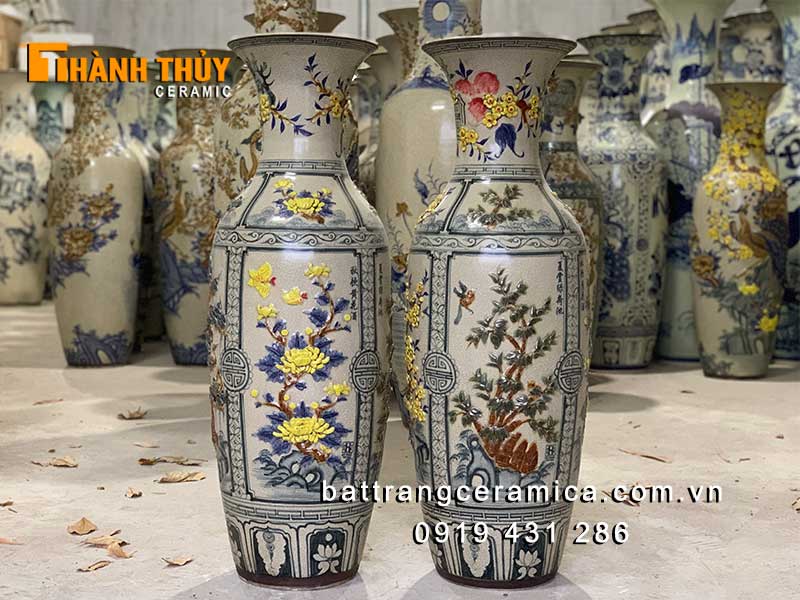 Lọ lộc bình tứ cảnh đắp nổi 1m cao cấp đẹp Bát Tràng sang trọng