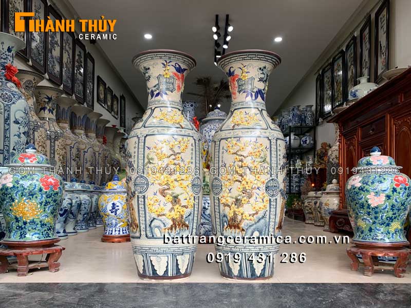 Lục bình đắp nổi Tùng Cúc Trúc Mai 1m2 Bát Tràng sang trọng