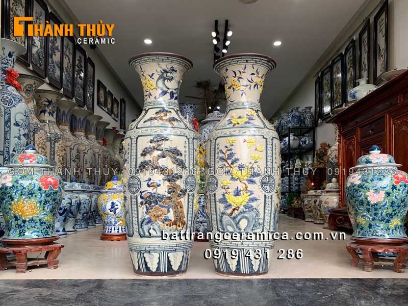 Lục bình đắp nổi Tùng Cúc Trúc Mai 1m2 Bát Tràng sang trọng