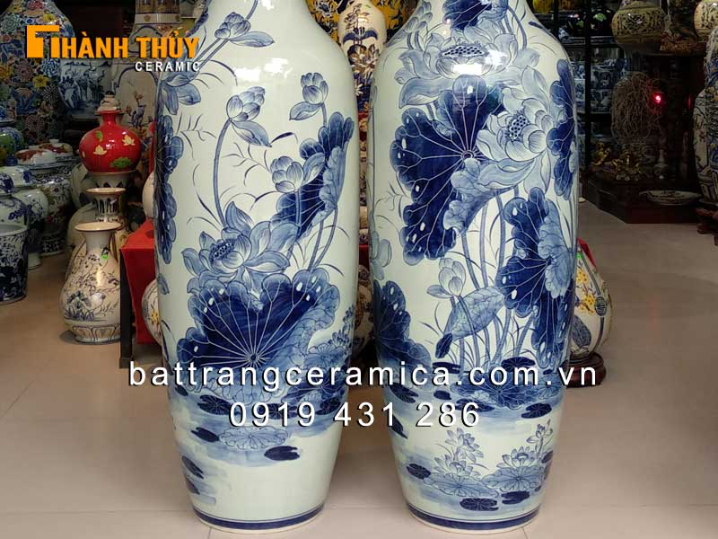 Lọ lục bình vẽ hoa sen 1m6 sang trọng quà tặng ý nghĩa
