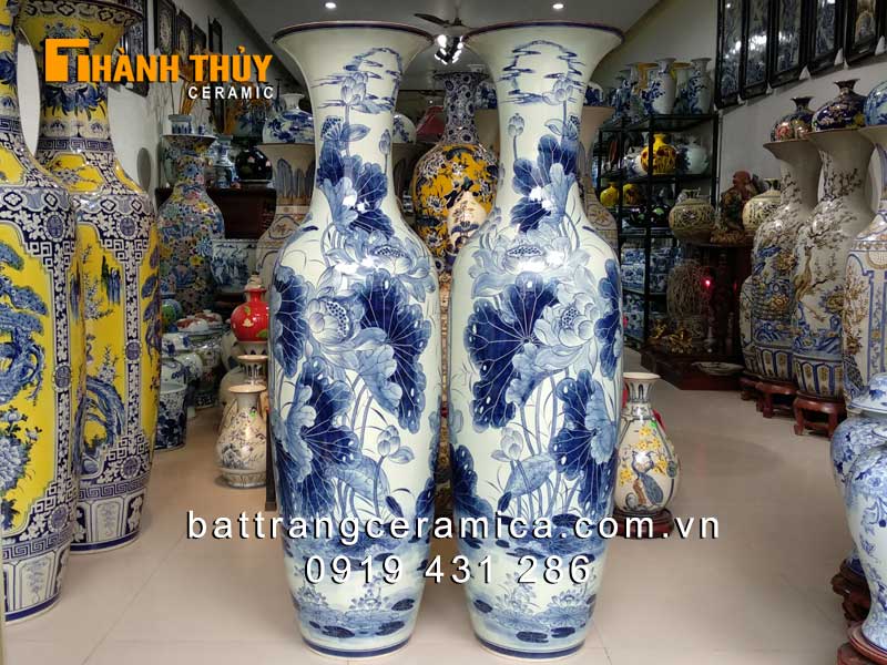 Lọ lục bình vẽ hoa sen 1m6 sang trọng quà tặng ý nghĩa