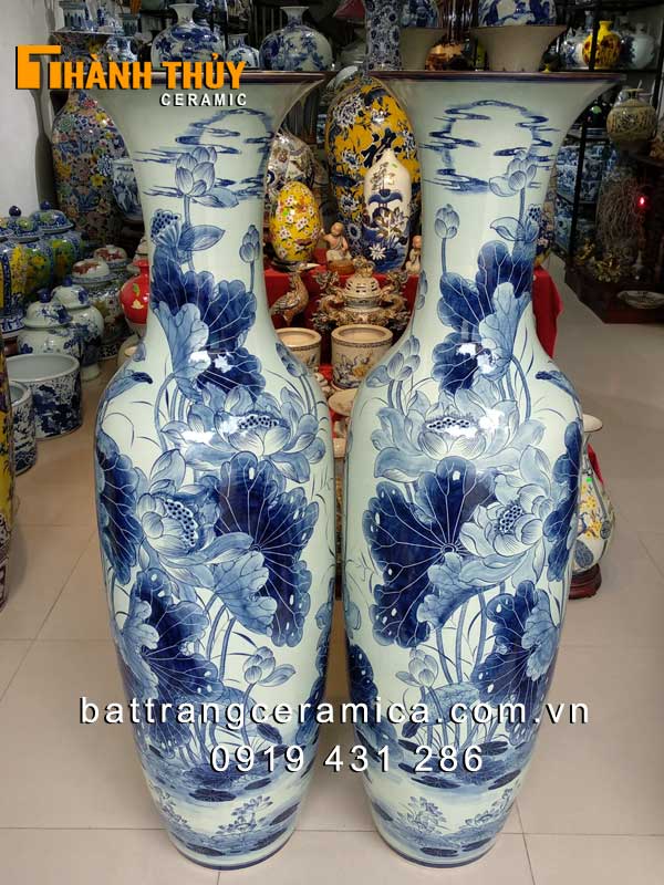 Lọ lục bình vẽ hoa sen 1m6 sang trọng quà tặng ý nghĩa